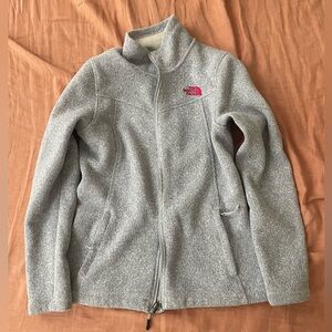 North Face Gray Fleece Zip Up Jacket with Pink Logo - Medium